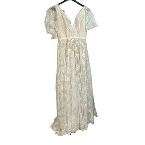 Vintage-Inspired Ivory Lace Bridal Gown Prom Flutter Sleeves Satin Lining
